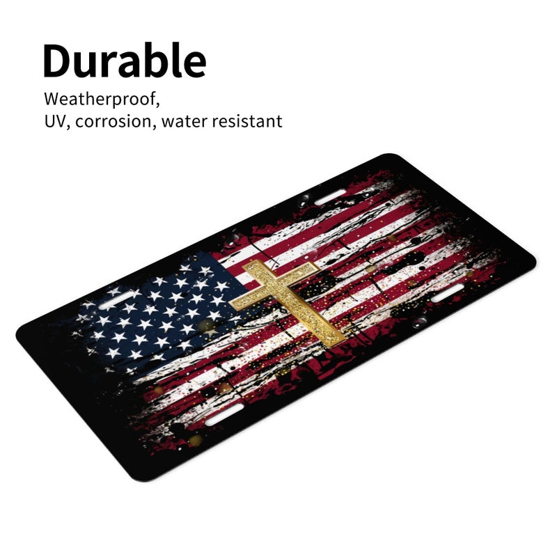 CTVSLFU Front License Plate Cover â€“ Aluminum Metal Car Accessory, Rust-Proof Novelty Vanity Tag Decor for Men & Women, 6x12 with 4 Holes - Cross American Flag 006 - Image 3