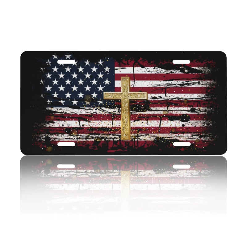 CTVSLFU Front License Plate Cover â€“ Aluminum Metal Car Accessory, Rust-Proof Novelty Vanity Tag Decor for Men & Women, 6x12 with 4 Holes - Cross American Flag 006 - Image 1