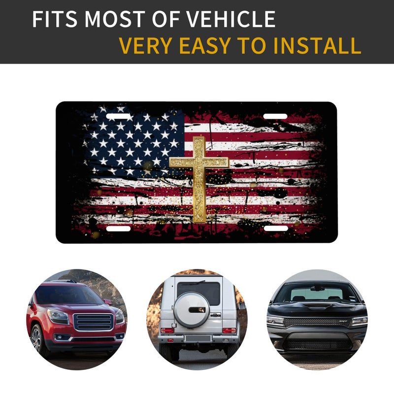 CTVSLFU Front License Plate Cover â€“ Aluminum Metal Car Accessory, Rust-Proof Novelty Vanity Tag Decor for Men & Women, 6x12 with 4 Holes - Cross American Flag 006 - Image 4