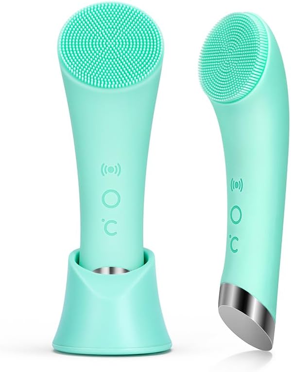 Silicone Face Scrubber Rechargeable Facial Cleansing Brush with Heat Massage End Vibrating Exfoliating Face Scrubber for Women and Men Exfoliating Massage Device for Deep Cleansing Green