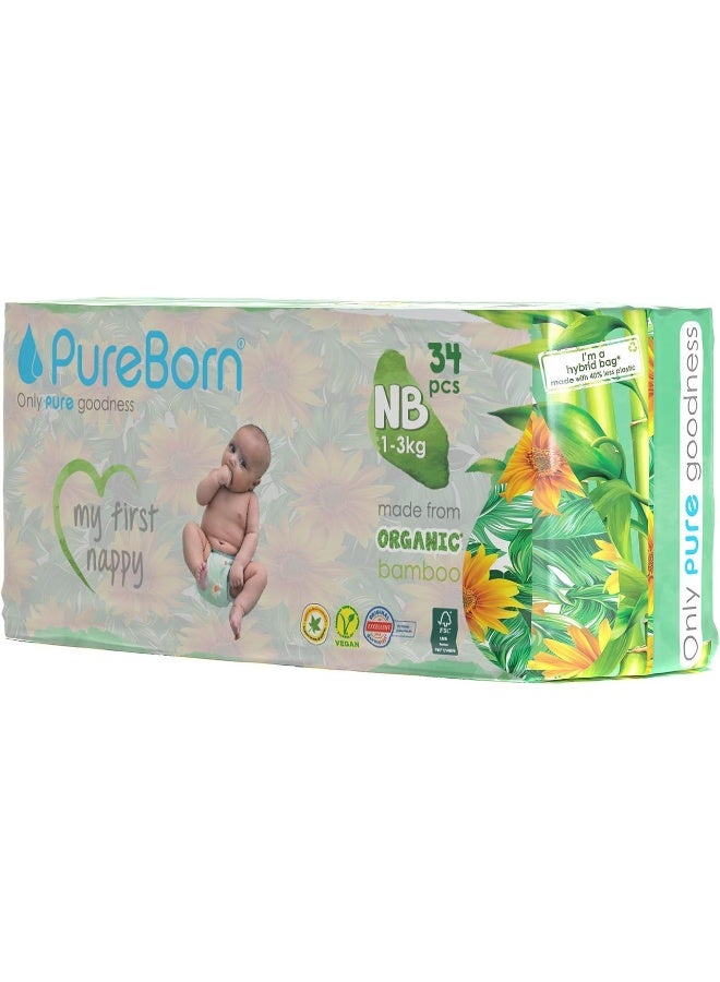 PureBorn Organic Bamboo Baby Diapers Size New Born| Eco-Friendly Tape Style Diapers Hypoallergenic nappies |upto 5 kgs| Count 34 | Sunflower Print - Image 2
