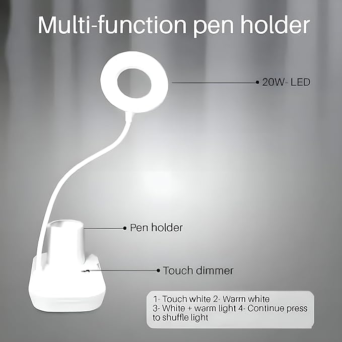 A Aaradhya A Aaradhya Rechargeable Table Lamp 3 Dimmable Light Modes 360 Rotating Neck 12Hour Battery Life RingShaped Design 10 cm White  - Image 3