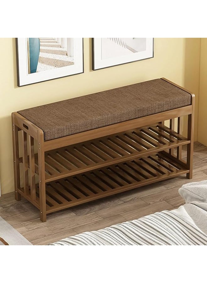 LINGWEI Shoe Bench 2 Tier Shoe Rack Shelf Organiser with Padded Cushion Seat Bamboo Frame for Entryway Hallway Living Room Industrial Accent Furniture - Image 2