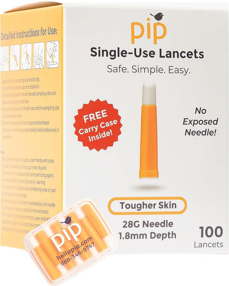 Pip Lancets - 28G x 1.8mm - 100 Count - Safety Lancets for Virtually Painless Blood Glucose Testing - One-Time Use, Sterile, No Lancing Device Required - Testing Supplies - Orange