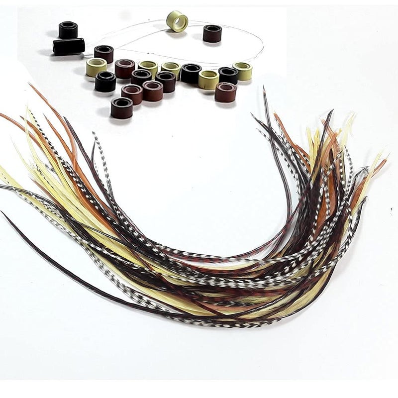 SEXY SPARKLES Feather Hair Extensions â€“ 100% Real Rooster Feathers, 20 Natural Color Feathers, Ranging from 8 to 11 Inches, Includes 20 Micro Beads and Loop Tool Kit - Image 1
