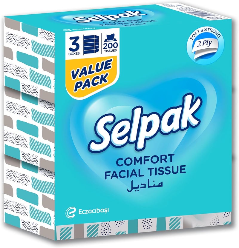 Selpak Comfort Boxed Facial Tissue 200 sheets 2 ply, Pack of 3 - Image 1