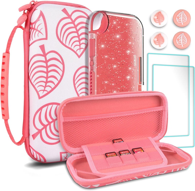 TIKOdirect Carrying Case for Switch lite, Shockproof Portable Travel Bag with Glitter Galaxy case, Screen Protectors and Cute Leaf Thumb Grips Caps, Leaf Pink - Image 1
