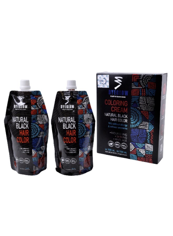 DYEGLOW Natural Black Hair Coloring Cream 98% Without allergy & Without ammonia , Nourishing, Shining, Anti-age 500ml*2 - Image 1
