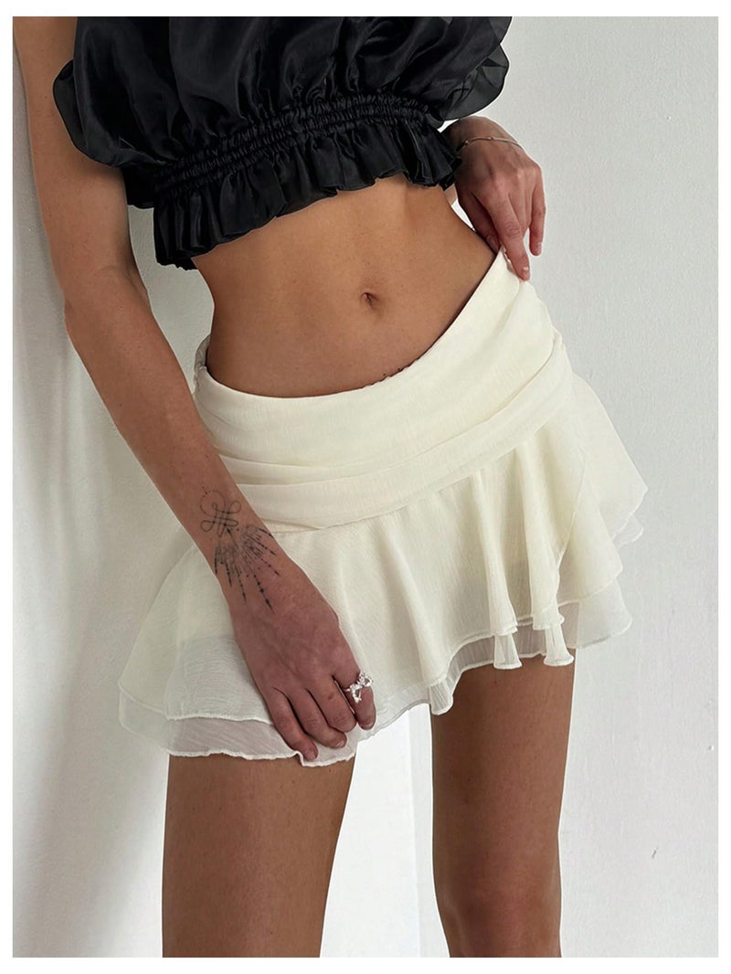 MakeMeChic Women's Ruffle Mini Skirt Tiered Layer Mesh Sheer Flared Rave Party Skirts Beige Medium - Image 3