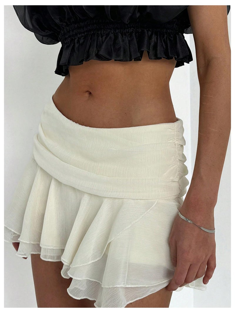 MakeMeChic Women's Ruffle Mini Skirt Tiered Layer Mesh Sheer Flared Rave Party Skirts Beige Medium - Image 4