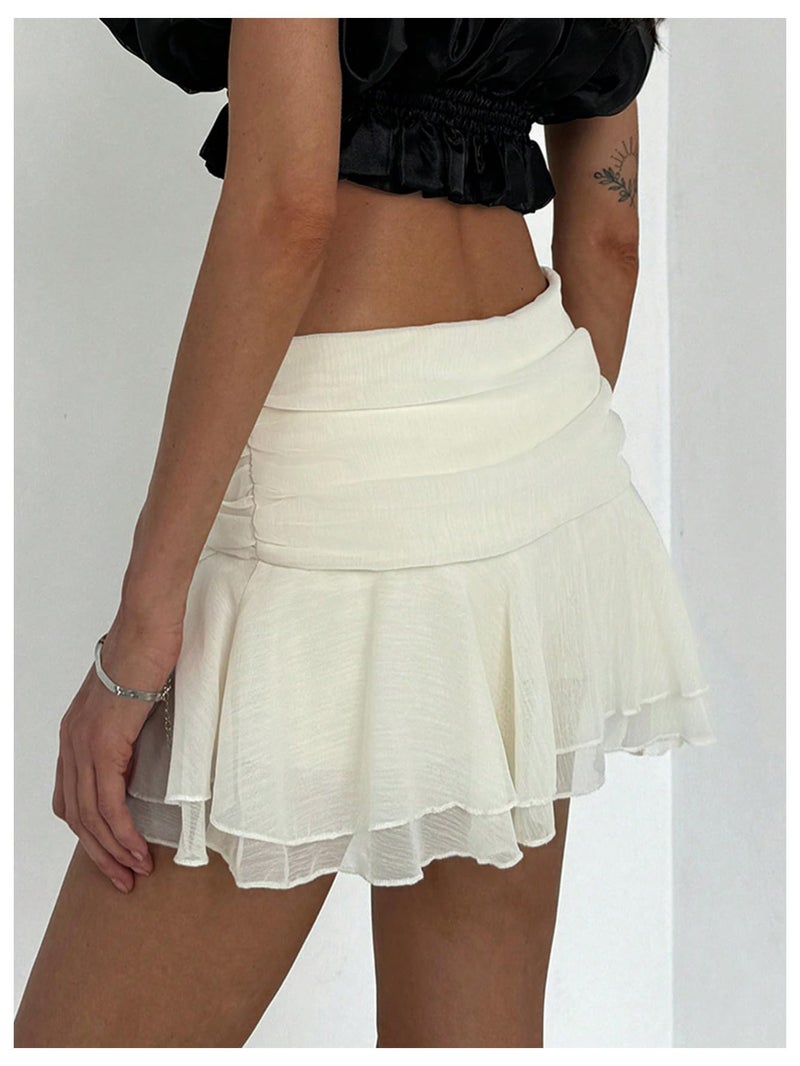 MakeMeChic Women's Ruffle Mini Skirt Tiered Layer Mesh Sheer Flared Rave Party Skirts Beige Medium - Image 5