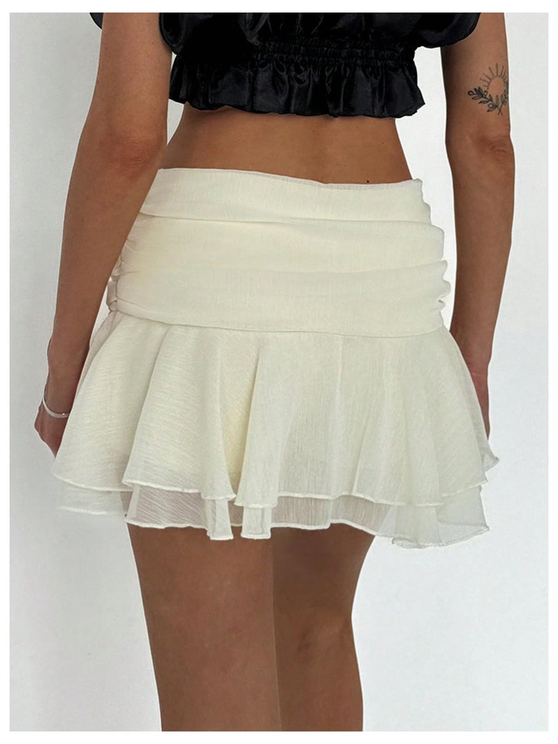 MakeMeChic Women's Ruffle Mini Skirt Tiered Layer Mesh Sheer Flared Rave Party Skirts Beige Medium - Image 2