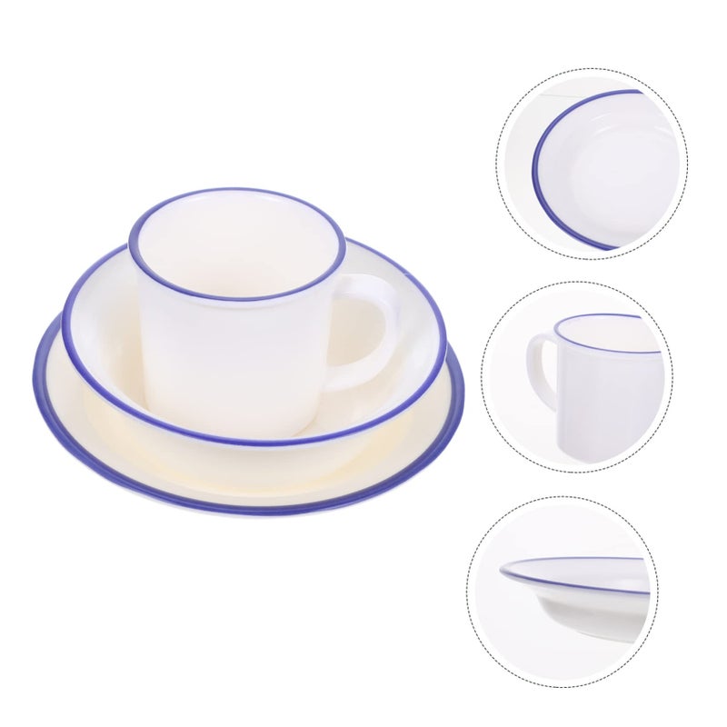 Retro Porcelain Dinnerware Set White Blue Rim Plates Bowls Cups Non Slip Base - Image 3