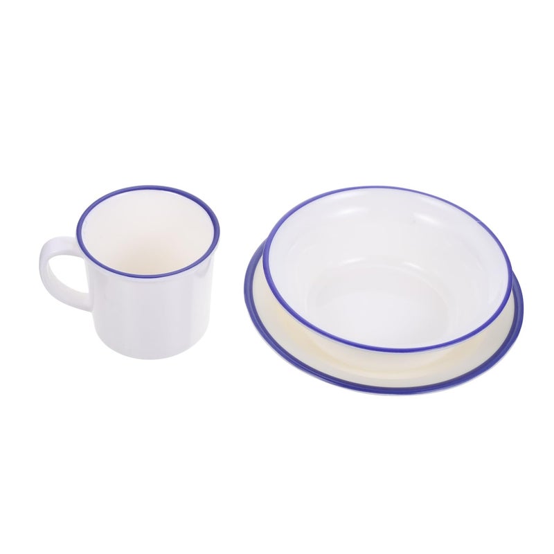 Retro Porcelain Dinnerware Set White Blue Rim Plates Bowls Cups Non Slip Base - Image 2
