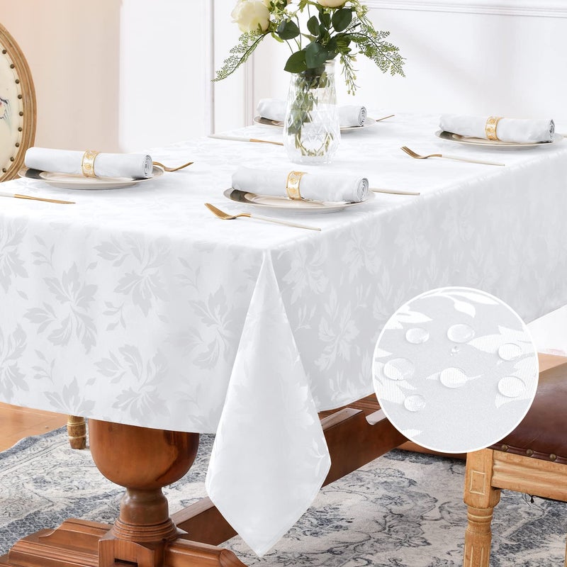 Romanstile Jacquard Rectangle Tablecloth Waterproof Damask Floral Pattern Decorative Table Cloths Heavy Weight Fabric Table Covers for DinnerPartiesOutdoor 60 x 102 Inch White