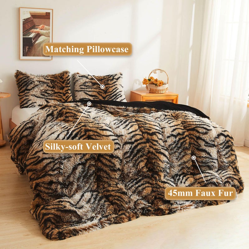 XeGe Tiger Print Fluffy Faux Fur Duvet Cover Set, 3 Pieces Soft Plush Shaggy Fuzzy Bedding Set(1 Farmhouse Comforter Cover + 2 Furry Pillow Cases), Zipper Closure(Queen, Tiger Print Brown) - Image 2