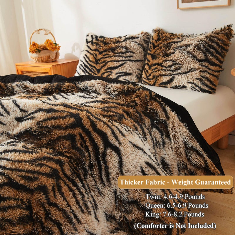 XeGe Tiger Print Fluffy Faux Fur Duvet Cover Set, 3 Pieces Soft Plush Shaggy Fuzzy Bedding Set(1 Farmhouse Comforter Cover + 2 Furry Pillow Cases), Zipper Closure(Queen, Tiger Print Brown) - Image 3