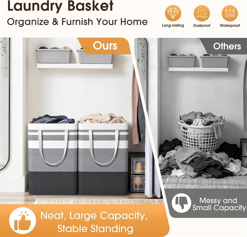 HomeHacks حزمة HomeHacks المزدوجة لسلة الغسيل الكبيرة، مقاومة للماء، سلة غسيل قائمة بذاتها، سلة ملابس طويلة قابلة للطي بمقابض ممتدة للملابس والألعاب في السكن الجامعي والعائلة - (رمادي متدرج، 75 لتر) - Image 4