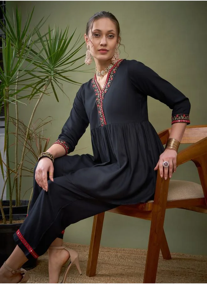 SASSAFRAS Embroidered Hem Peplum Top & Pants Co-Ord by Styli