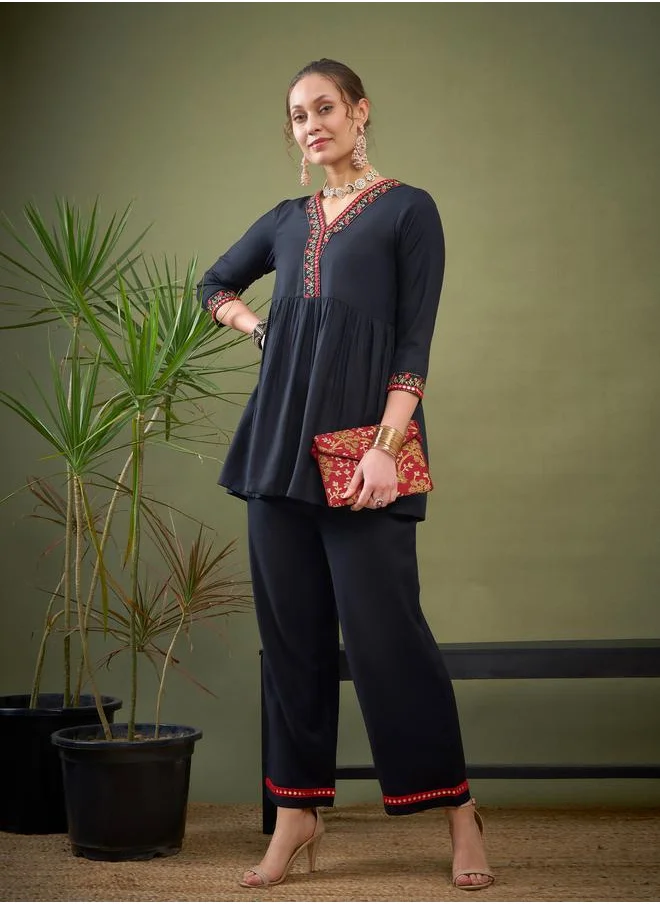 SASSAFRAS Embroidered Hem Peplum Top & Pants Co-Ord by Styli