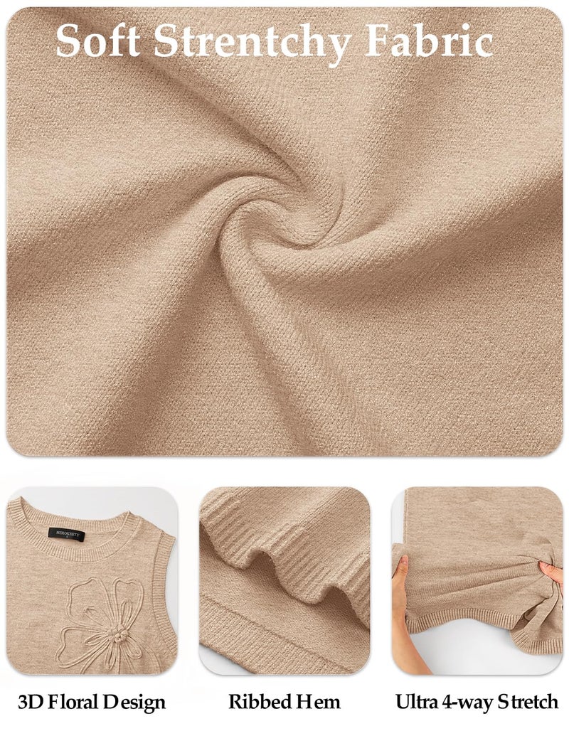 MEROKEETY Women's Cute Floral Knitted Mini Dress 2026 Spring Summer Sleeveless Tank Crew Neck A Line Short Sweater Dresses, Apricot, Small - Image 5