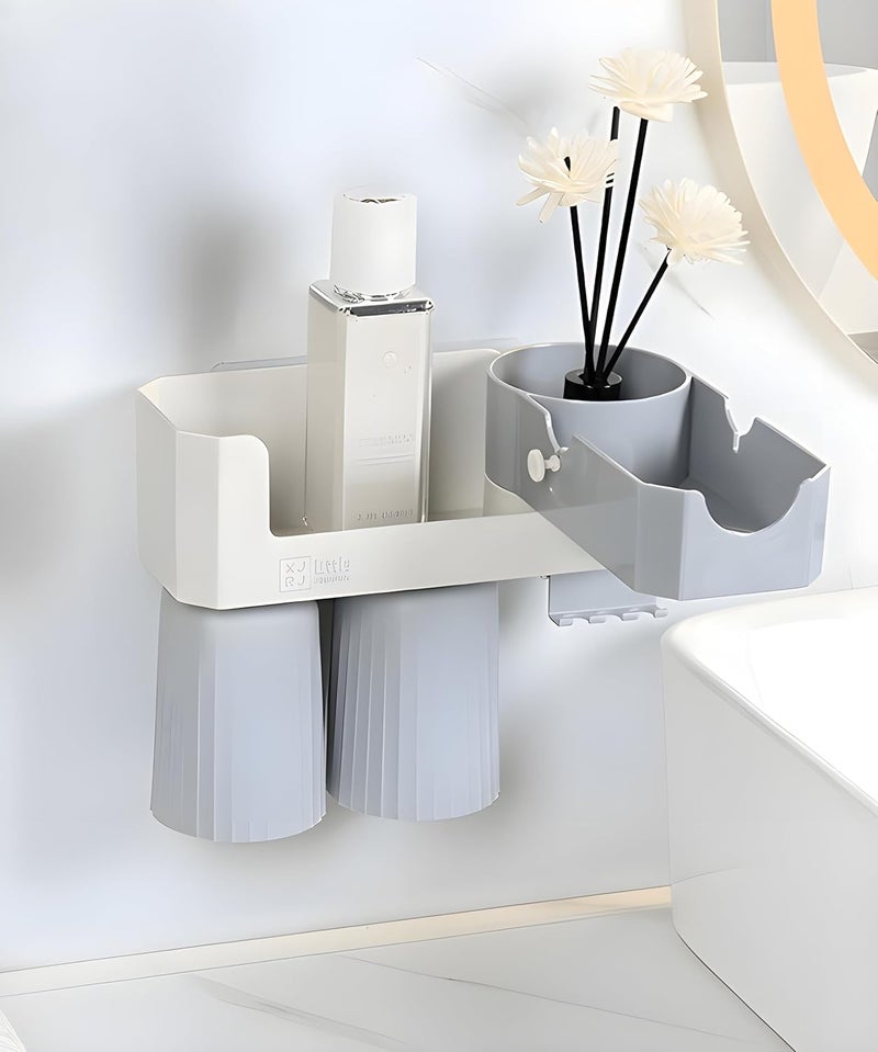 Jinila Multipurpose SelfAdhesive Bathroom and Wash Basin Organiser Plastic Toothpaste Toothbrush Holder with 2 Gargle Cup and Hair Dryer Stand Pack of 1 Gray and Cream