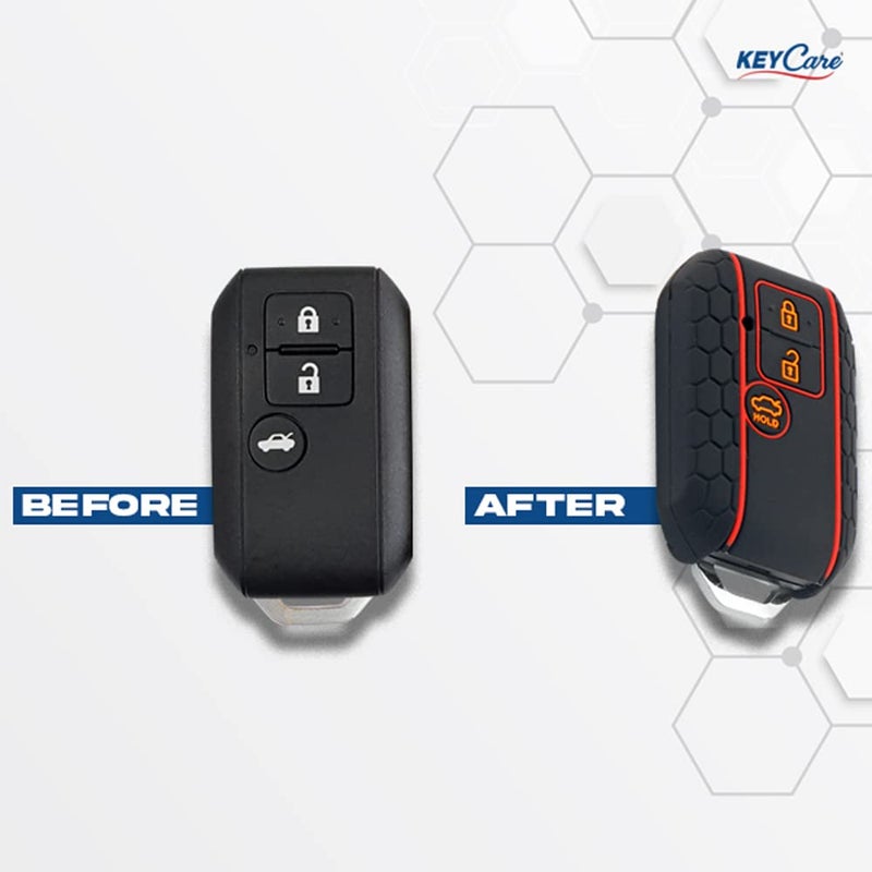 KCARE Silicone Key Cover for Victoris, Ertiga, Swift, DZire 3 Button Smart Key (Push Button Start Models only) (Black with MAH Key Holder) - Image 2