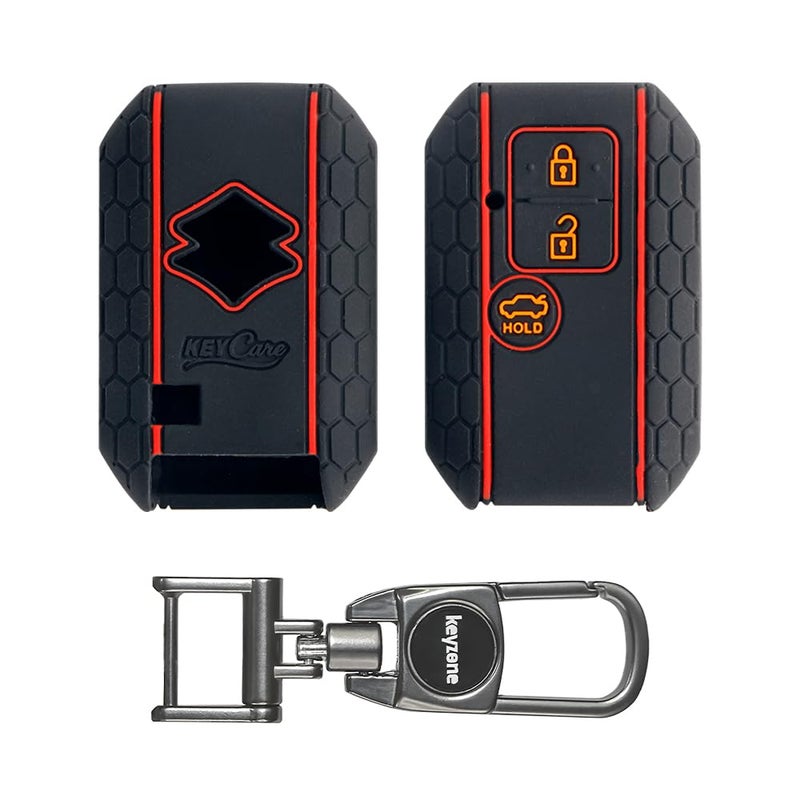 KCARE Silicone Key Cover for Victoris, Ertiga, Swift, DZire 3 Button Smart Key (Push Button Start Models only) (Black with MAH Key Holder) - Image 1
