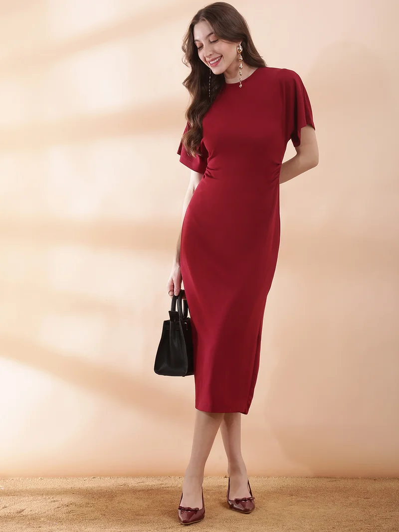 globus Globus Women Maroon Round Neck Extended Sleeves Back Slit Midi Bodycon Work Wear Dress