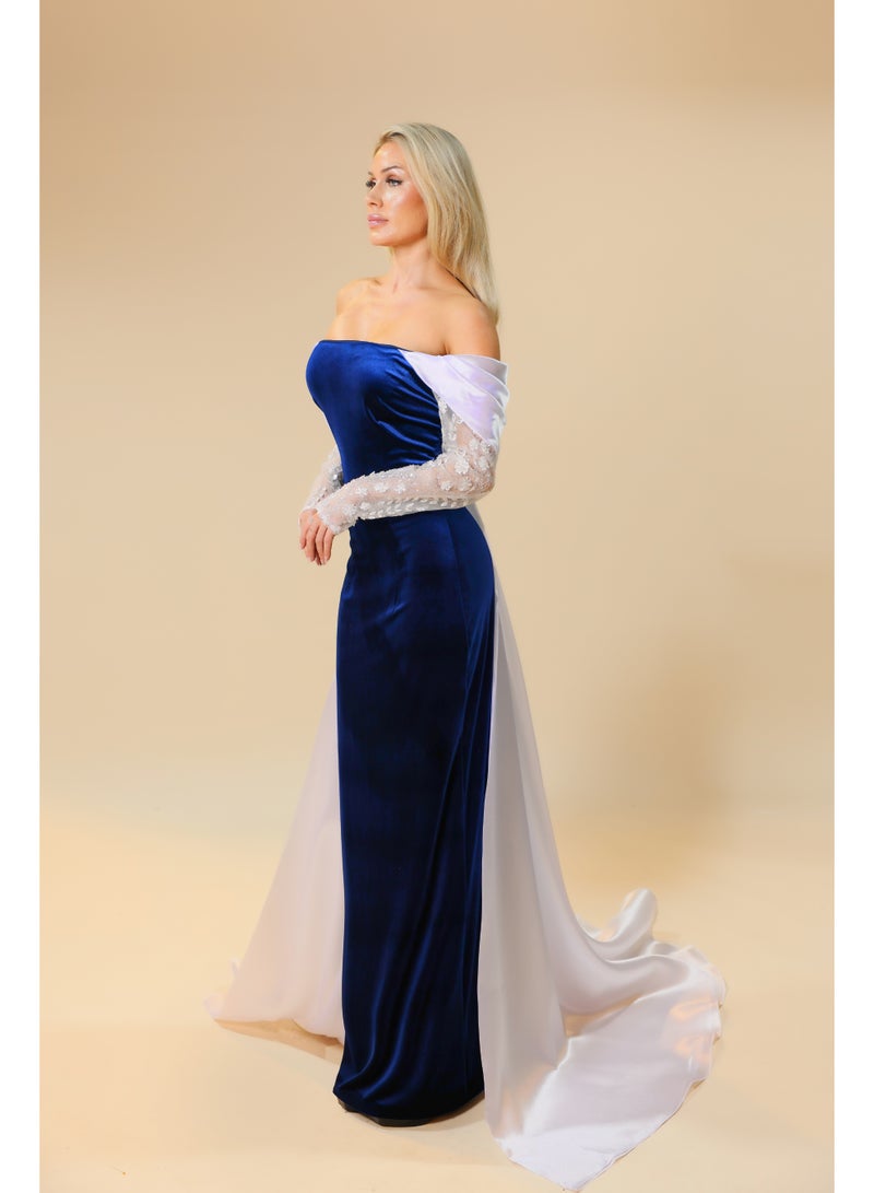 Off-Shoulder Evening Gown with Embroidered Sleeves and Draped Train – Elegant Formal Dress  - Image 3