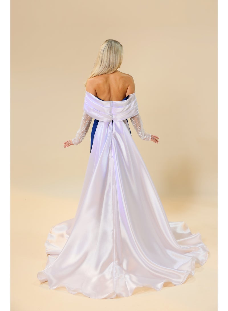 Off-Shoulder Evening Gown with Embroidered Sleeves and Draped Train – Elegant Formal Dress  - Image 4