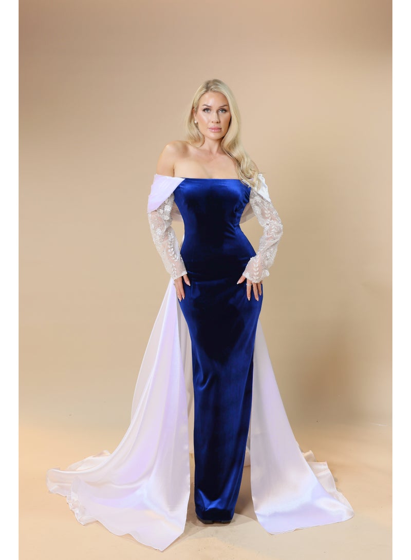 Off-Shoulder Evening Gown with Embroidered Sleeves and Draped Train – Elegant Formal Dress  - Image 2