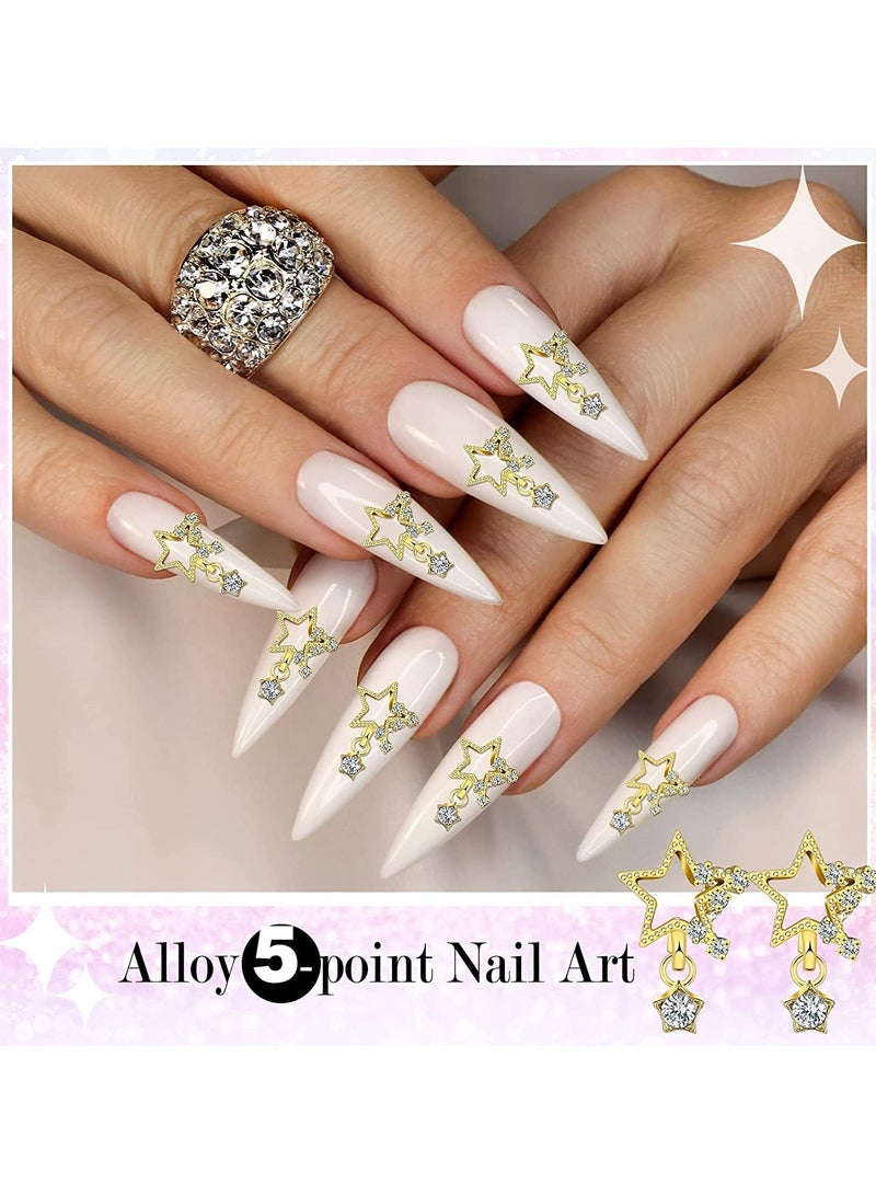 50 قطعة من زينة الأظافر الأكريليكية ثلاثية الأبعاد، زينة أظافر نجمة خماسية للزينة مع خرز لؤلؤي وكريستالات، مستلزمات أظافر لعمل يدوي (ذهبي، نمط خماسي) - Image 4