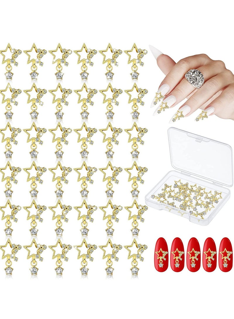 50 قطعة من زينة الأظافر الأكريليكية ثلاثية الأبعاد، زينة أظافر نجمة خماسية للزينة مع خرز لؤلؤي وكريستالات، مستلزمات أظافر لعمل يدوي (ذهبي، نمط خماسي) - Image 1