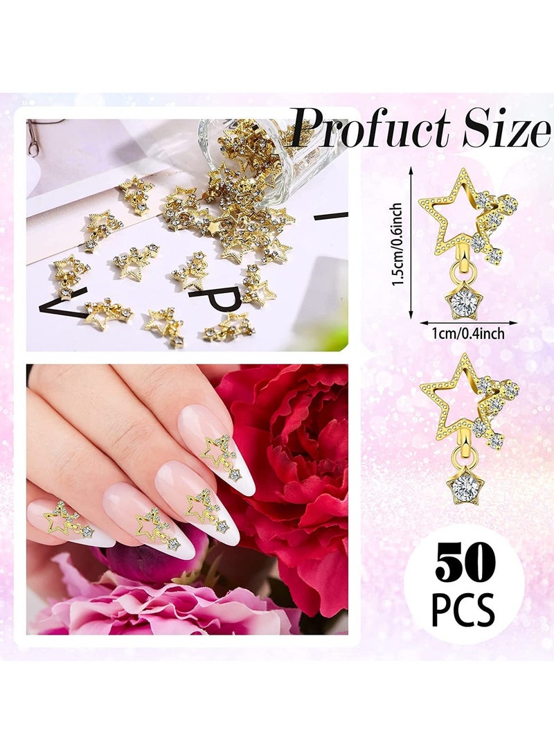 50 قطعة من زينة الأظافر الأكريليكية ثلاثية الأبعاد، زينة أظافر نجمة خماسية للزينة مع خرز لؤلؤي وكريستالات، مستلزمات أظافر لعمل يدوي (ذهبي، نمط خماسي) - Image 2