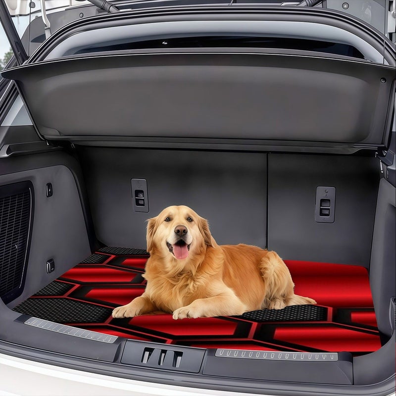 1pc 2D Flat Car Trunk Mat Polyester Red Black Hexagonal Pattern Futuristic Durable - Image 2