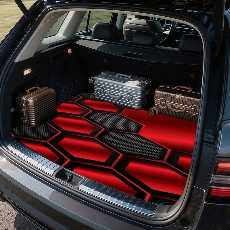 1pc 2D Flat Car Trunk Mat Polyester Red Black Hexagonal Pattern Futuristic Durable - Image 5