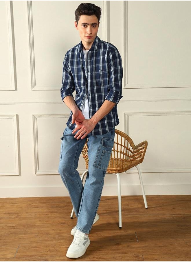 Dennis Lingo Regular Fit Blue Indigo Checks Cotton Shirt Spread Collar  - Image 1