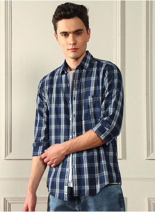 Dennis Lingo Regular Fit Blue Indigo Checks Cotton Shirt Spread Collar  - Image 3