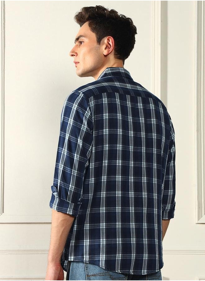 Dennis Lingo Regular Fit Blue Indigo Checks Cotton Shirt Spread Collar  - Image 5