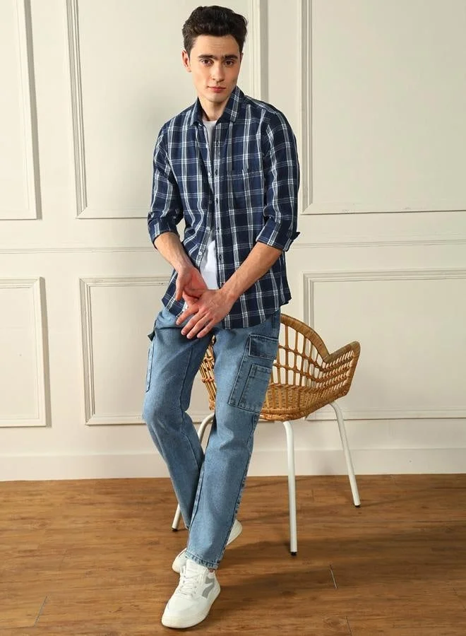 Dennis Lingo Regular Fit Blue Indigo Checks Cotton Shirt Spread Collar