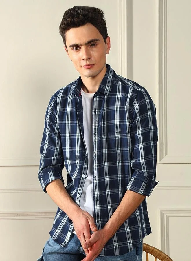 Dennis Lingo Regular Fit Blue Indigo Checks Cotton Shirt Spread Collar