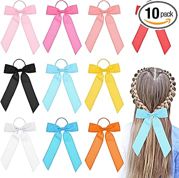 Grevosea 10 Pcs Bow Hair Ties Colorful Hair Ties with Bows Hair Ribbons for Girls Silk Hair Scrunchies Elastic Hair Ties Ponytail Holder Hair Accessories for Women Girls - Image 1