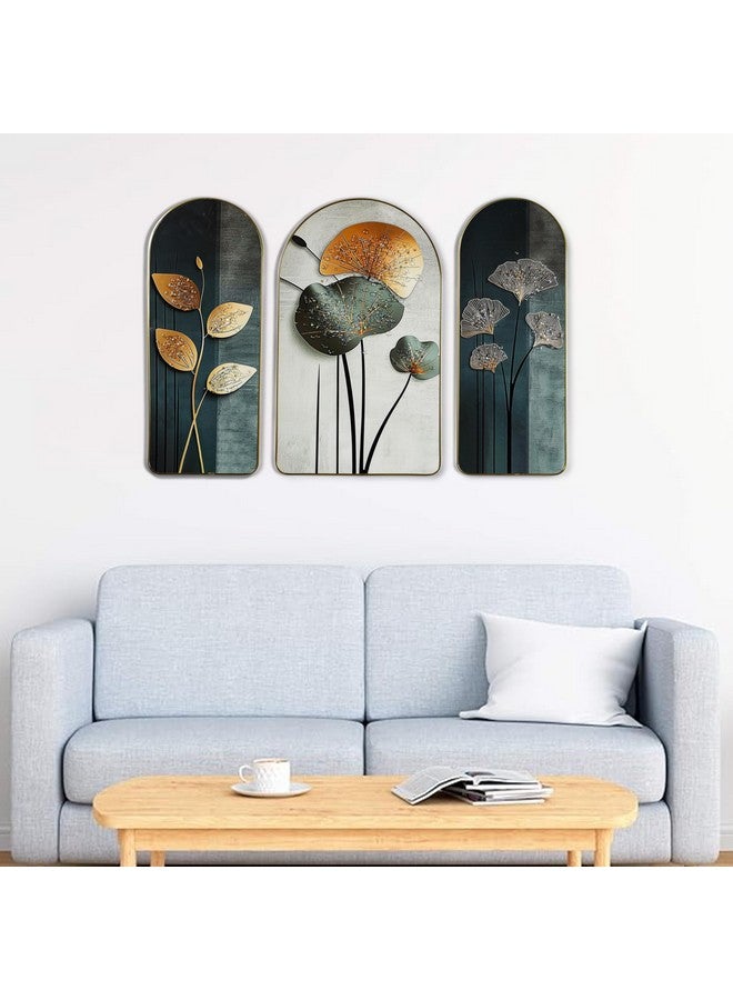 HOME ELEMENTS 3 PC Floral Wall Painting for Bedroom Living Room Wall Decoration Abstract Elegant Golden Flower Floating Frame Wall Paintings for Home and Office Décor Size : 20X50-30X50-20X50 (PT-17) - Image 1