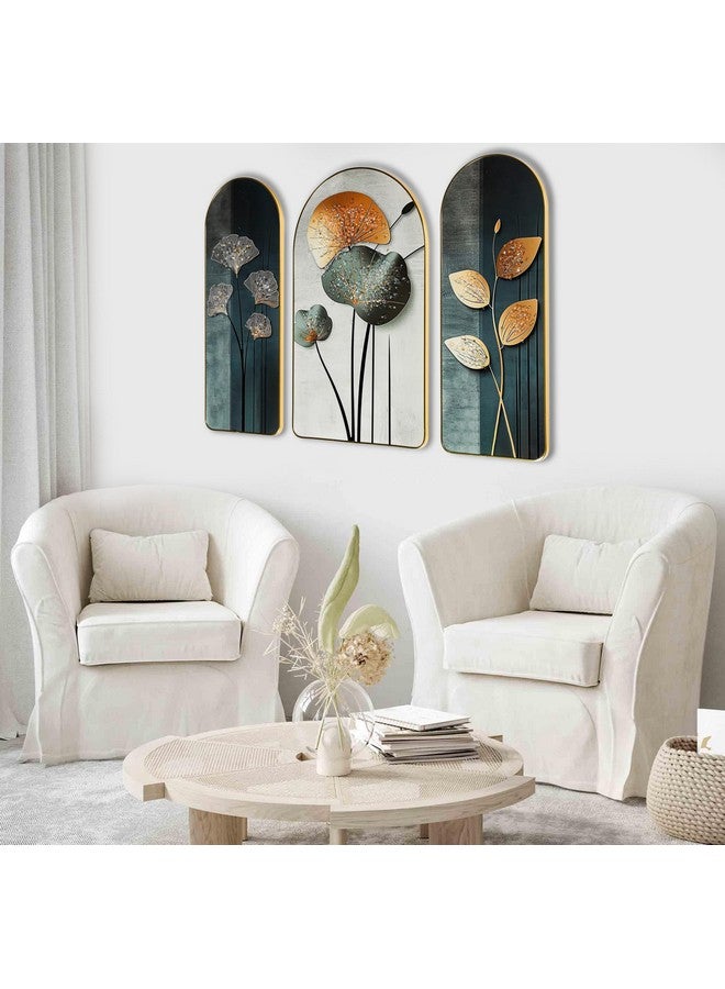 HOME ELEMENTS 3 PC Floral Wall Painting for Bedroom Living Room Wall Decoration Abstract Elegant Golden Flower Floating Frame Wall Paintings for Home and Office Décor Size : 20X50-30X50-20X50 (PT-17) - Image 2