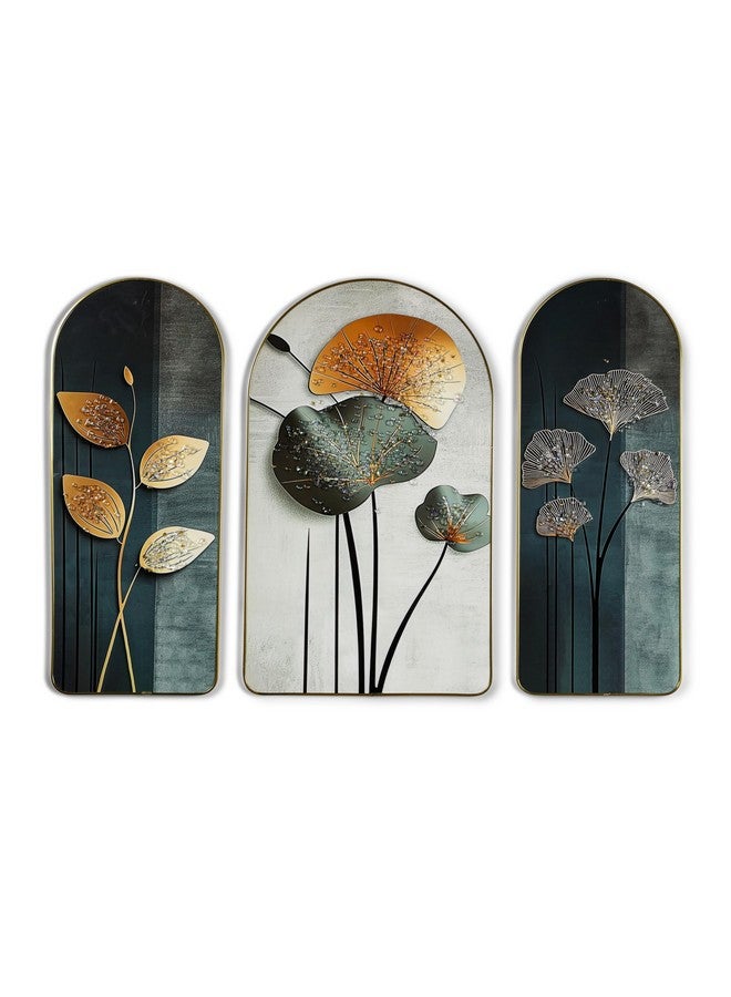 HOME ELEMENTS 3 PC Floral Wall Painting for Bedroom Living Room Wall Decoration Abstract Elegant Golden Flower Floating Frame Wall Paintings for Home and Office Décor Size : 20X50-30X50-20X50 (PT-17) - Image 5