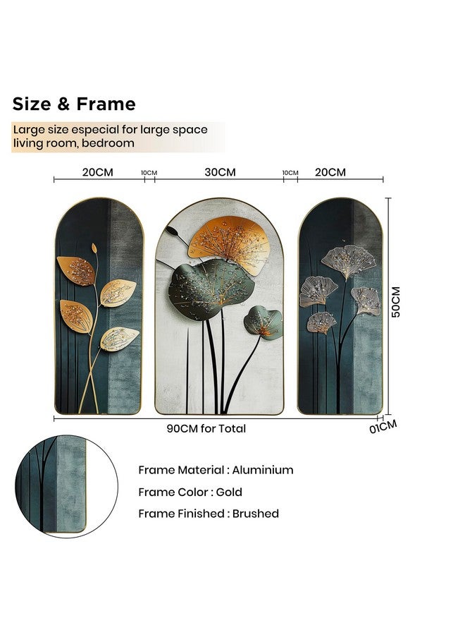 HOME ELEMENTS 3 PC Floral Wall Painting for Bedroom Living Room Wall Decoration Abstract Elegant Golden Flower Floating Frame Wall Paintings for Home and Office Décor Size : 20X50-30X50-20X50 (PT-17) - Image 3