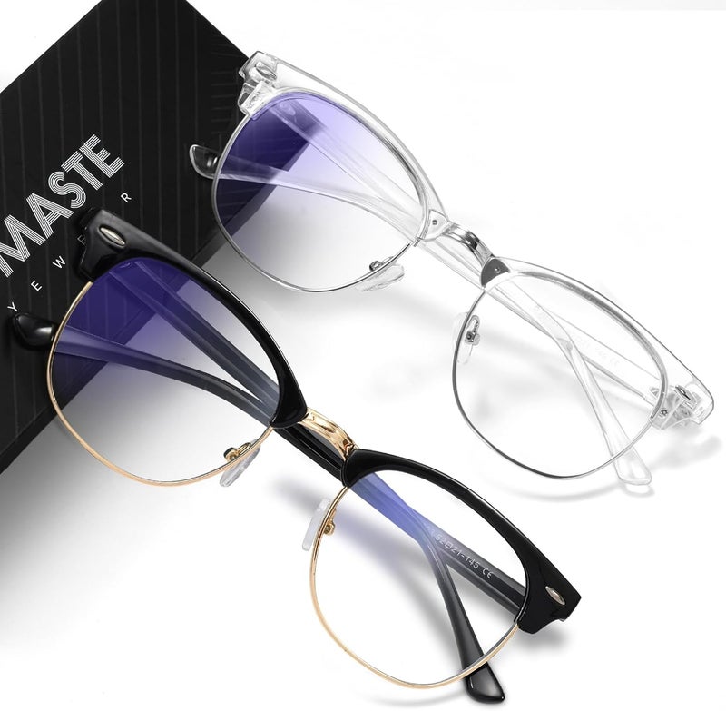 AOMASTE Store Blue Light Blocking Glasses Vintage Half Frame UV Clear Lens Anti Eyestrain Computer Gaming Glasses for Women Men (E-black Gold +crystal Silver) - Image 1