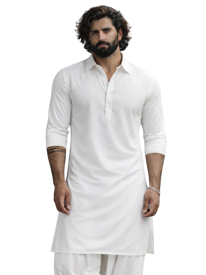 VASTRAMAY Men's White Viscose Pathani Kurta Only, Traditional Pathani in Soft Comfortable Feel Viscose Fabric for Weddings, Ethnic Outfit - Image 1