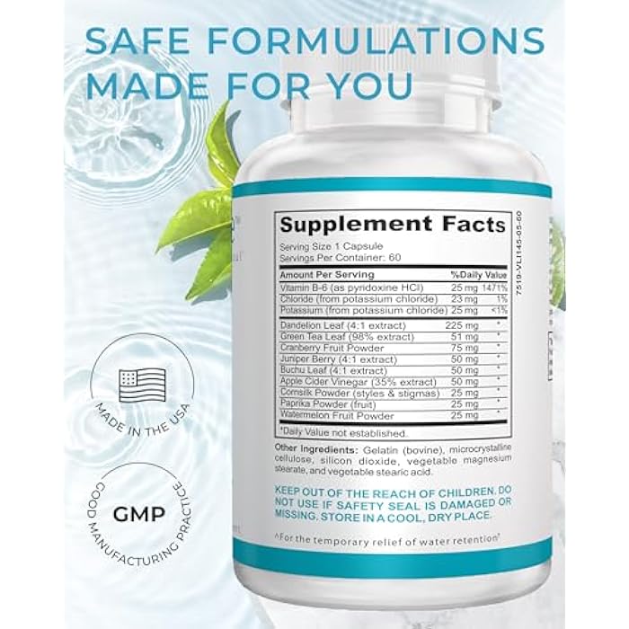 LA Cleanse Water Flush - Natural Water Away Pills for Swollen Legs & Feet - Water Retention Pills for Swelling & Bloat Relief with Potassium, B-6, Dandelion & Green Tea - 1 Pack, 60 Count - Image 4